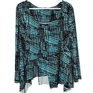 LIV Habitat Clothes XL Teal Black Abstract Knit Tunic Top Asymmetrical Hem